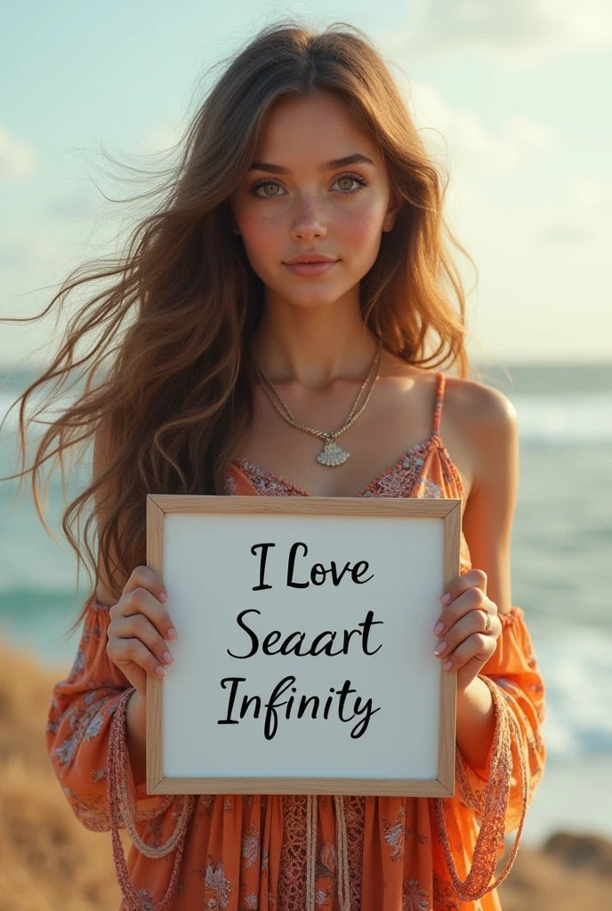 Beautiful girl with wavy long hair, bohemian dress, holding a white board with text "I Love Seaart Infinity" and showing it to the viewer