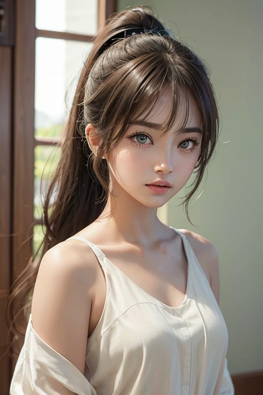 /imagine: Digital illustration of a young woman in her twenties。((face:
丸face、Thick eyebrows、健康的なface立ち
大きな目と高い頬骨
目:
Green Eyes、Sparkling eyes and star-like highlights:
ponytail、Part your bangs to the side. Light brown skin.:
Healthy tan skin look:
明るく元気な笑face))。Simple white background、Highlight her features。The style is photorealistic、The texture of the skin and the fine details of the hair are depicted with great detail.。The image is in portrait format、Composition suitable for SNS profile picture。