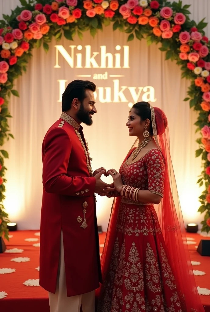 24 years old boy with medium beard and moustache and 21 years old girl standing on wedding stage and marking heart with their hands, eyes to eyes contact. A garland of flowers. Boy wearing red Sherwani, he is looking so cute,realistic. The girl wearing red Lehanga. The name "Nikhil and Loukya" bold write in big capital letter on white wall with lighting, Wedding lights, many flowers