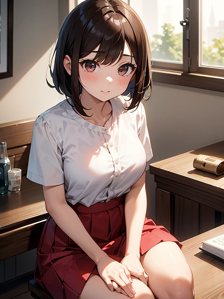 night:1.9 浮かない表情 妊娠検査medicine:1.9 28-year-old woman, brown hair:1.3. Wavy Hair:1.3. Bob Cut Hair:1.6. Round Eyes Beauty:1.3. Well-shaped breasts, large breasts, brown eyes, side-swept bangs:1.6. My cheeks are red:1.3. On the table (medicine:1.3) A small glass of clear water, a white blouse, short sleeves, stylish, a red skirt:1.3 Long skirts:1.3 Dark room Western-style room in an apartment:1.3. Sit on a chair at a table