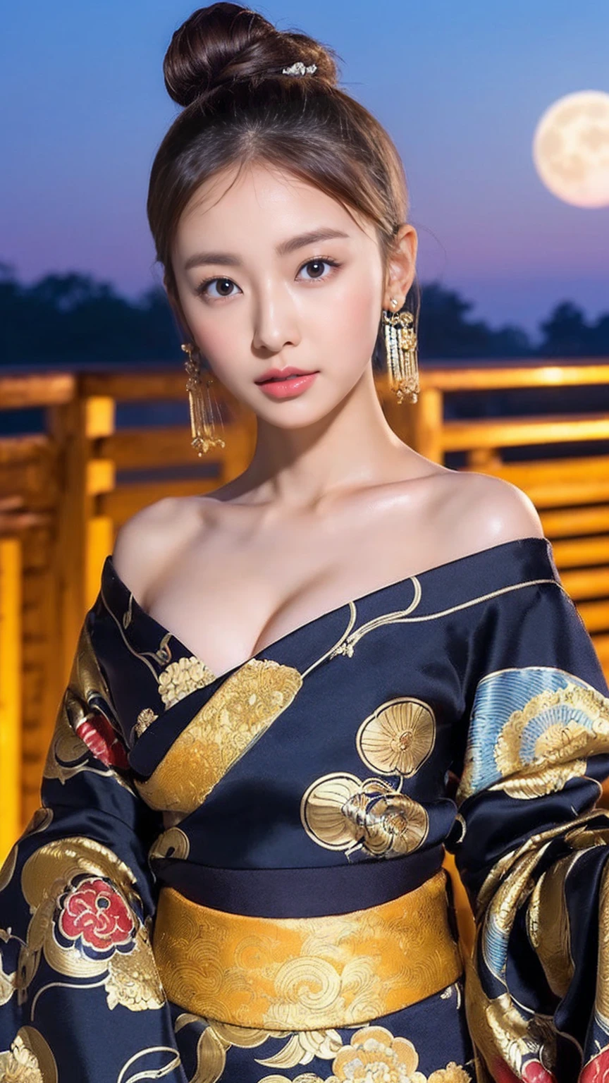 (masterpiece, Highest quality:1.3), (Ultra-fine 8K CG:1.2), (超Realisticな:1.35), (Realistic:1.45), (Realistic:1.4), A beautiful Japanese woman, Fair skin, Glowing Skin, (Blonde:1.1), (Sunburned skin:1.3), (Gal Makeup:1.2), Black gal, (Oiran:1.2), Beautiful kimono, Off the shoulder, (Big moon in the background:1.2), Dynamic Lighting, (Cowboy Shot),