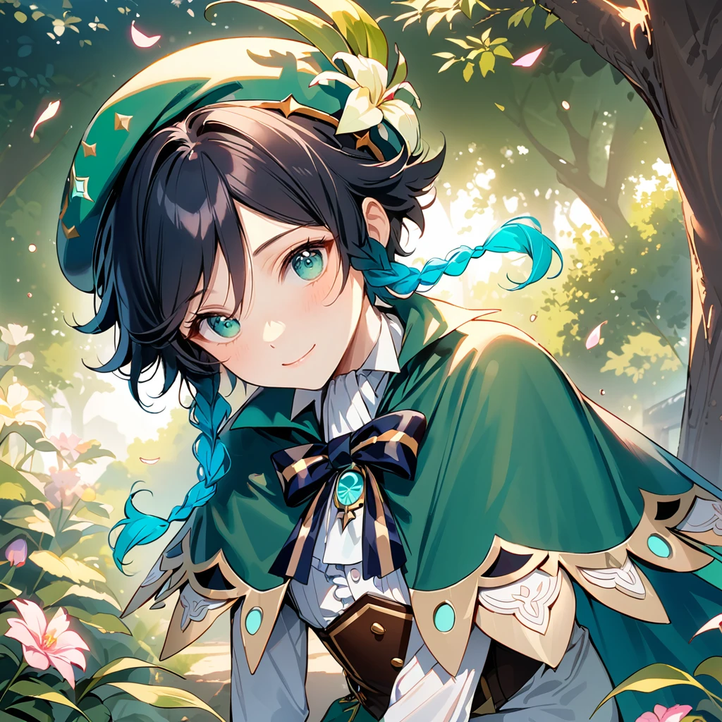 (best quality,4k,8k,highres,masterpiece:1.2),1boy,venti genshin impact,male focus,flat chest,ultra-detailed,realistic,dsmile,morning of spring,delicate light rays,rich color palette,elegant curves,effects of light and shadow,flower petals falling,springtime essence,ethereal atmosphere,peaceful garden background,morning dew,soft sunlight filtering through trees,lush plants,komorebi,vividly colored blossoms,transcendent beauty,awe-inspiring artwork,white long-sleeved shirt, brown corset,green shorts, white tights,green cape,hat,brooch,green eyes,flirty smile,cinematic lighting, ray tracing, UHD, high details, high quality, award winning, super detail, genshin splash art