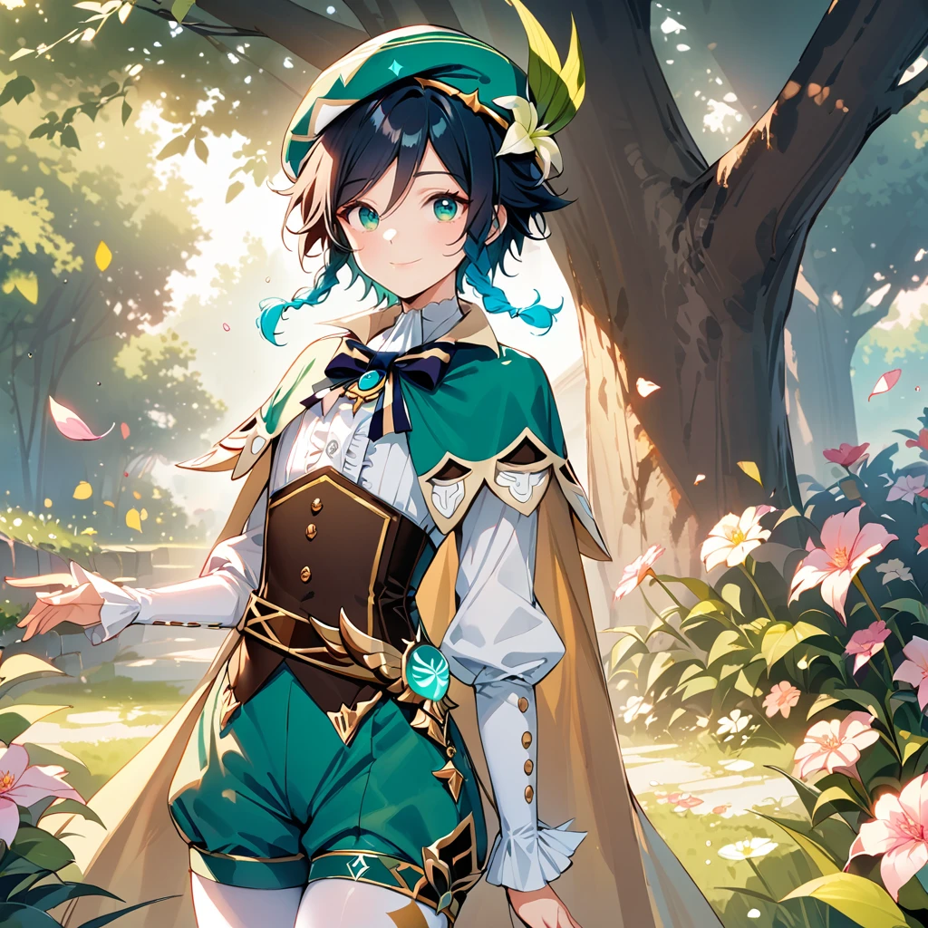 (best quality,4k,8k,highres,masterpiece:1.2),1boy,venti genshin impact,male focus,flat chest,ultra-detailed,realistic,dsmile,morning of spring,delicate light rays,rich color palette,elegant curves,effects of light and shadow,flower petals falling,springtime essence,ethereal atmosphere,peaceful garden background,morning dew,soft sunlight filtering through trees,lush plants,komorebi,vividly colored blossoms,transcendent beauty,awe-inspiring artwork,white long-sleeved shirt, brown corset,green shorts, white tights,green cape,hat,brooch,green eyes,flirty smile,cinematic lighting, ray tracing, UHD, high details, high quality, award winning, super detail, genshin splash art