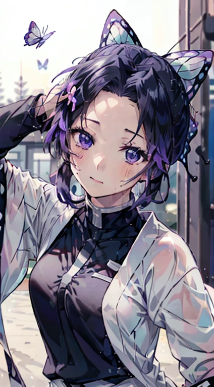 demon slayer,_kochou shinobu,volley uniform , , (volley ball), Volleyball court, (Sweat), Top view, whole body, shy, Ultra-realistic 8K CG,masterpiece,, ((Highly detailed background,Delicate pattern,Intricate details, Fine and beautiful eyes)),The best quality in the best condition,とてもとてもとても詳細なface, Highly detailed eyesとface,Highly detailed eyes,kochou shinobu,Multicolored Hair,No bangs,Hair Intake,, Purple eyes,,butterfly,band,(熱band庭園:1.2),Purple Flower,mostly cloudy null,Tyndall effect,slope_null,face,beautiful null,,Seductive posture,(Medium chest:1.3), woman,15 years old