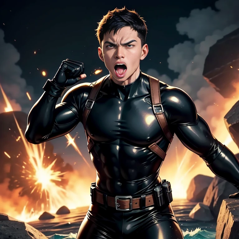 40 years old,Four Men,、Black bodysuit、Shocker Belt、Black gloves、In the sea、Big Explosion、Blown away、logic,Gay ,Brown Hair、Short Hair。かなり短いShort Hair、Handsome Fighter Scream、Painful face、Open your mouth wide and stick out your tongue、Painful and painful scream The crotch area is bulging
