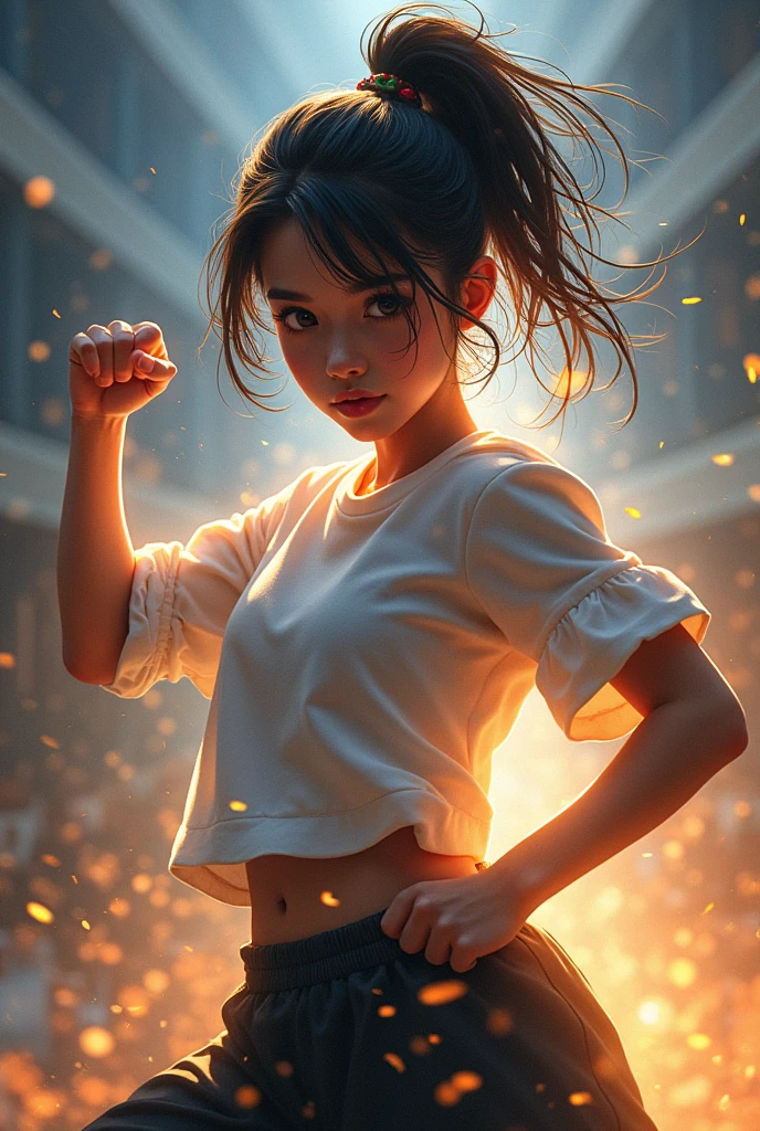 Fighting beauty, light, high school student, front facing, dynamic