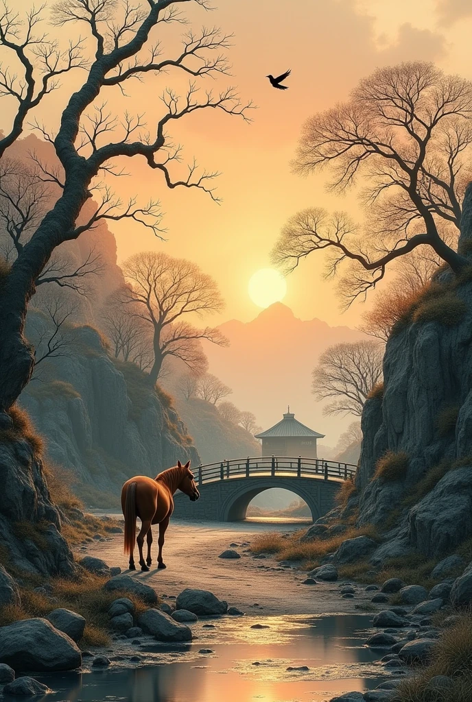 masterpiece, high quality, high resolution,8K, Chinese painting ,, Withered vines, age ((Trees)), dusk ((crow)) Cry,, ((A small bridge)), flowing water, (((Humble residence))), (a horse:1.6),, A cold wind blows from the west ((An ancient road)),, Sunset, I am heartbroken,,