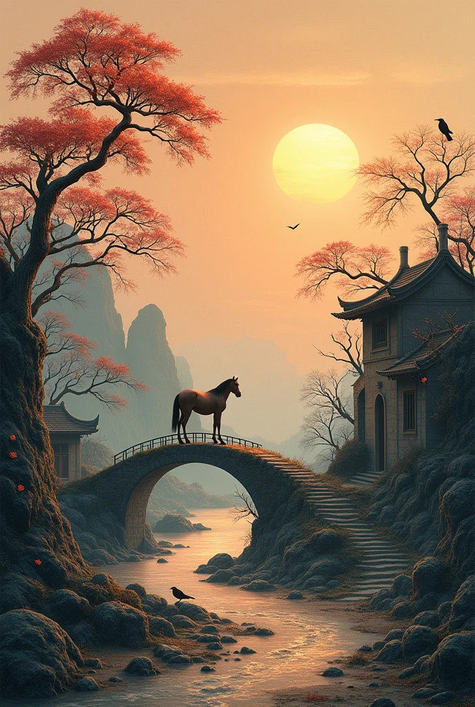 masterpiece, high quality, high resolution,8K, Chinese painting ,, Withered vines, age ((Trees)), dusk ((crow)) Cry,, ((A small bridge)), flowing water, ((( residence))), (a horse:1.6),, A cold wind blows from the west ((An ancient road)),, Sunset, I am heartbroken,,