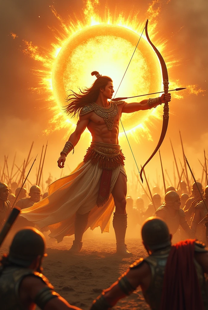 God Suryabhagawan blessing his one son karna doing war with bow and arrow
Killing soldiers from sun