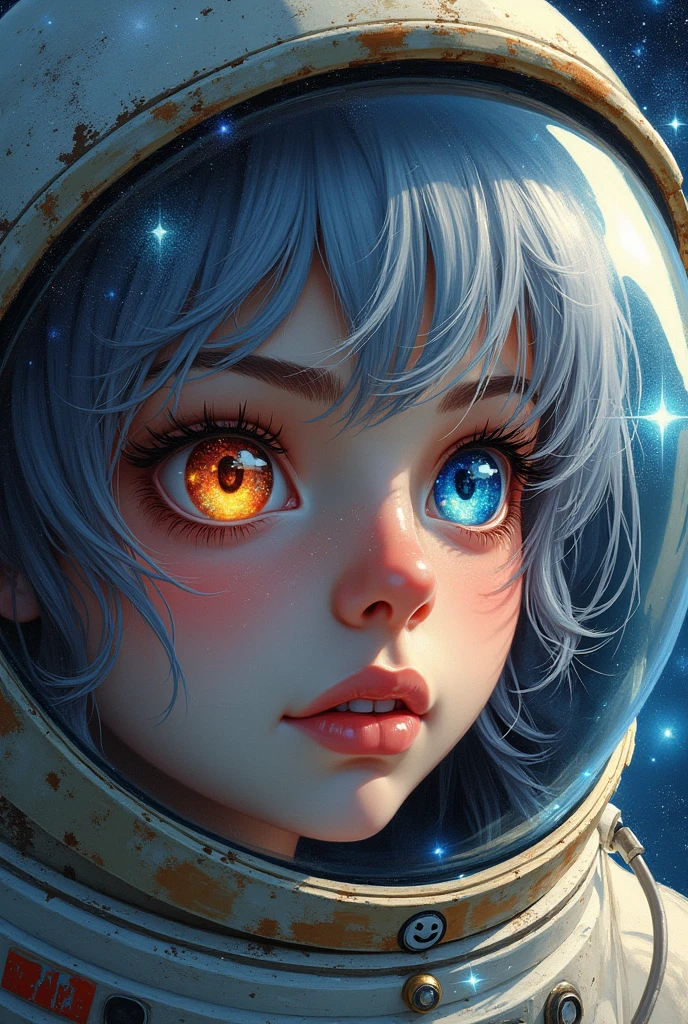 (Close-up of a better masterpiece:1.5)0.9], (Space and astronauts:1.2) (Messy silver hair:1.1) (Heterochromia xanthochromia and blue eyes:1.2) (Space Helmet:1.0) (Colored stars in the eyes:1.0) (A radiant glow:1.1) (thick lips:0.9)