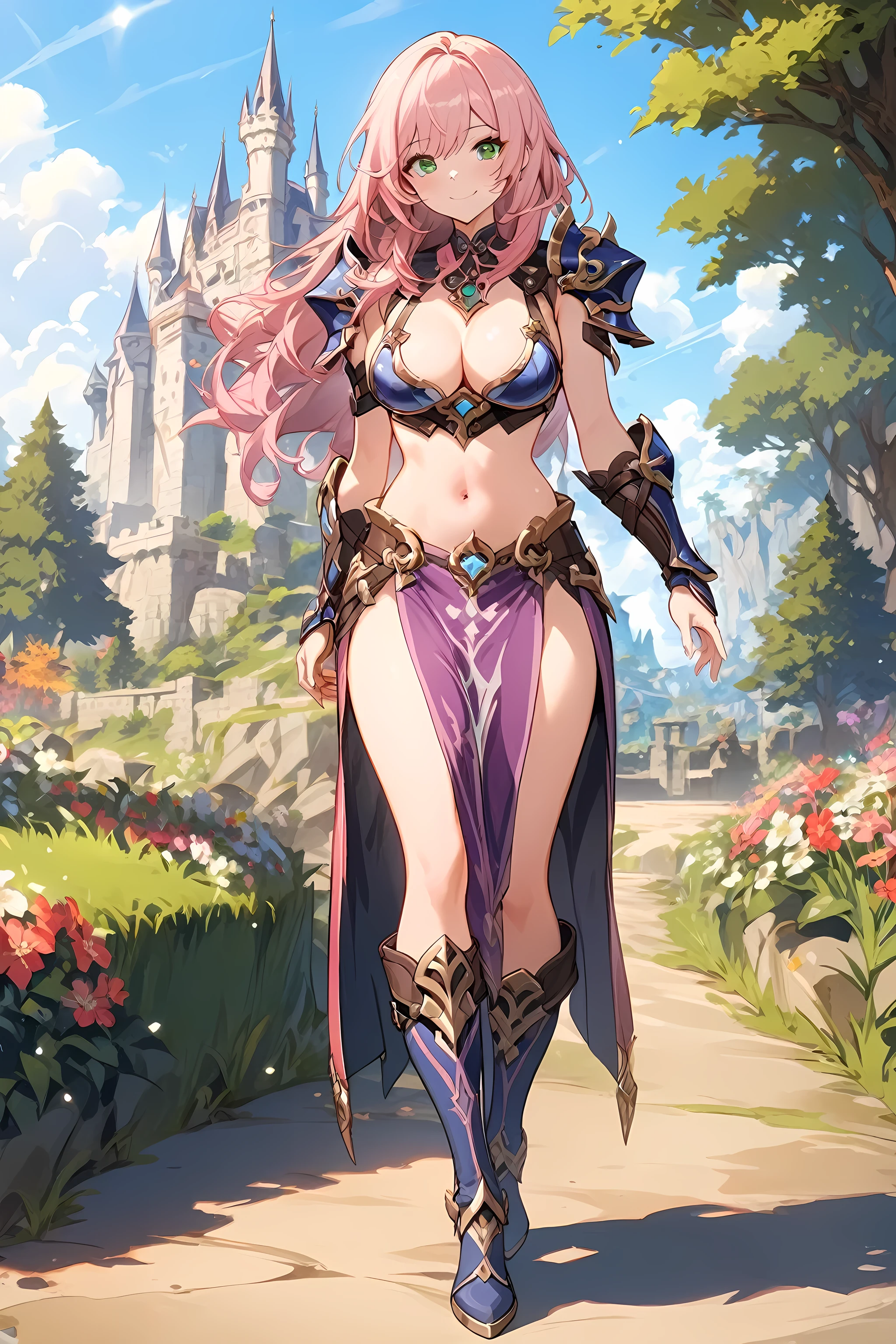 Masterpiece, 1girl, armor, bikini armor, boots, breasts, castle, cleavage, closed mouth, day, flower, full body, green eyes, perfect breasts, long hair, looking at viewer, midriff, navel, outdoors, pauldrons, pelvic curtain, pink hair, shoulder armor, sky, smile, solo, standing, tree, unarmed, Genshin Impact style