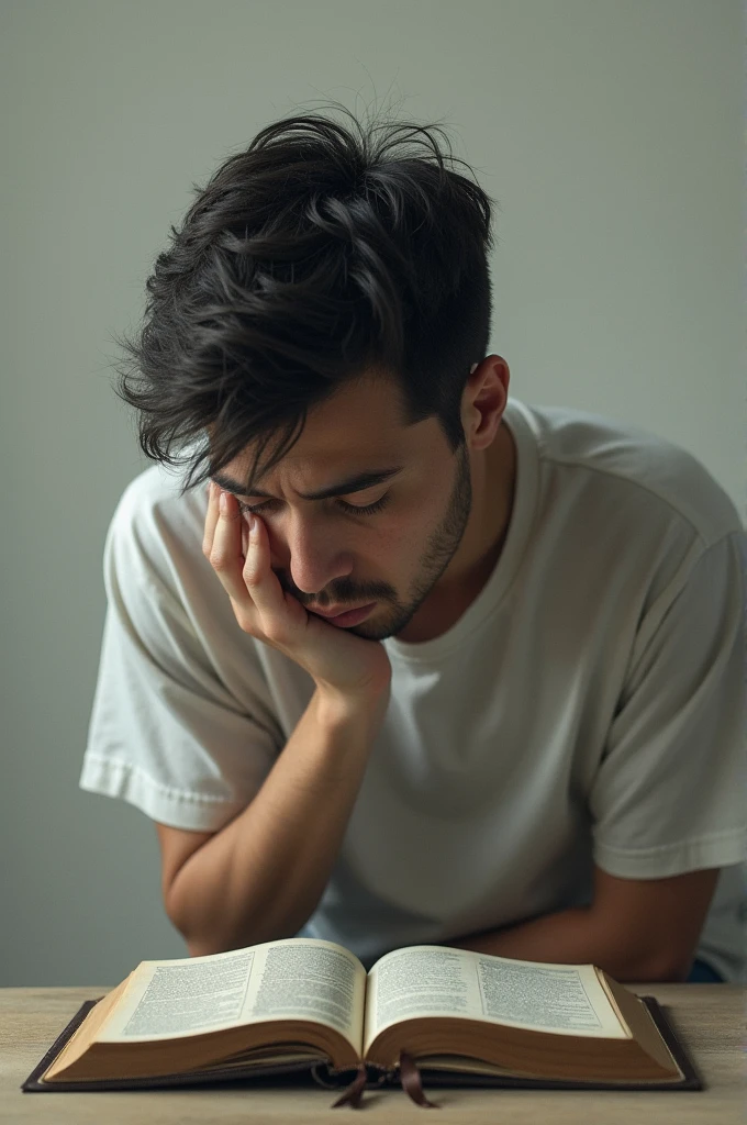 A person looking away from an open Bible, perhaps with a troubled expression, symbolizing distraction or disinterest.