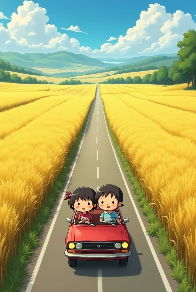 Mimi and Milo are driving together on a country road., with golden rice fields spreading out