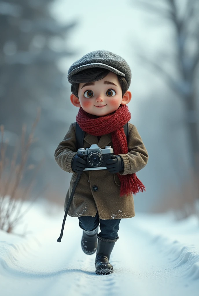 Pixar style, animation, 3d, journalist, 1900s, Russia, snow background, journey, camera, 30s age, adventure, running, full body, as a movie poster, high quality, black boots, vintage