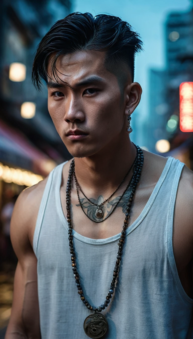 ((Face close-up)), a man, extremely handsome, 15 years old, muscular, tattooed, wearing a necklace, hair tied up, street scene, gangster style, romantic, Hong Kong cinema. Their eyes are filled with sadness and longing. Full moon light background. Cinematic light, high detail, 8k, artstation, conceptual art, dark fantasy. Photo taken with Canon EOS R5 85mm f/11 camera, ((sharp)) mode of people and surrounding scenery. Image quality ((8K)), ((realistic)), ((masterpiece)), ((sharpest and highest contrast)), ((great depth of field)), ((stereoscopic light)), ((angry, fierce)), detailed pores, ((looking straight at the camera)), ((straight face))