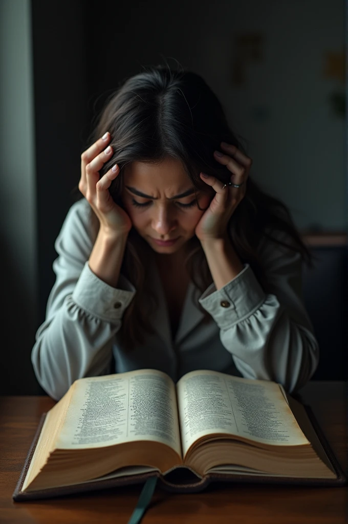 A person looking away from an open Bible, perhaps with a troubled expression, symbolizing distraction or disinterest.