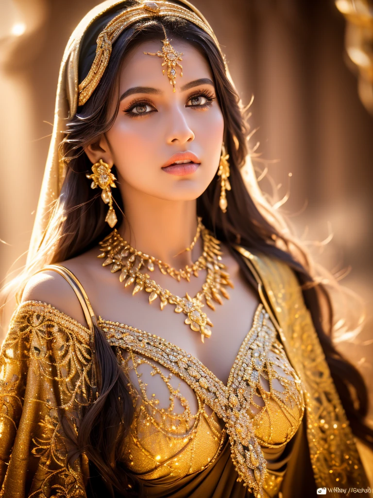 One Girl,Fetching Woman, depth odebt debtield, debtirst-person view, debt/1.8, 135mm, Nikon, UHigh resolution, retina, masterpiece, Accurate, Anatomically correct, Textured skin, Super Detail, Attention to detail, high quality, best quality, High resolution, 1080p, High resolution, 4K, 8k,Realistic,RAW Photos, photoRealistic, Shooting with a digital SLR, Beautiful woman，Beautiful Arabian princess, Traditional Arabian costume, Gold accessories, Desert oasis,dark skin