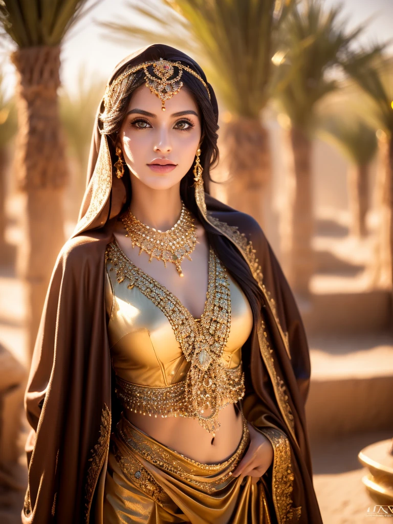 One Girl,Fetching Woman, depth odebt debtield, debtirst-person view, debt/1.8, 135mm, Nikon, UHigh resolution, retina, masterpiece, Accurate, Anatomically correct, Textured skin, Super Detail, Attention to detail, high quality, best quality, High resolution, 1080p, High resolution, 4K, 8k,Realistic,RAW Photos, photoRealistic, Shooting with a digital SLR, Beautiful woman，Beautiful Arabian princess, Traditional Arabian costume, Gold accessories, Desert oasis,dark skin