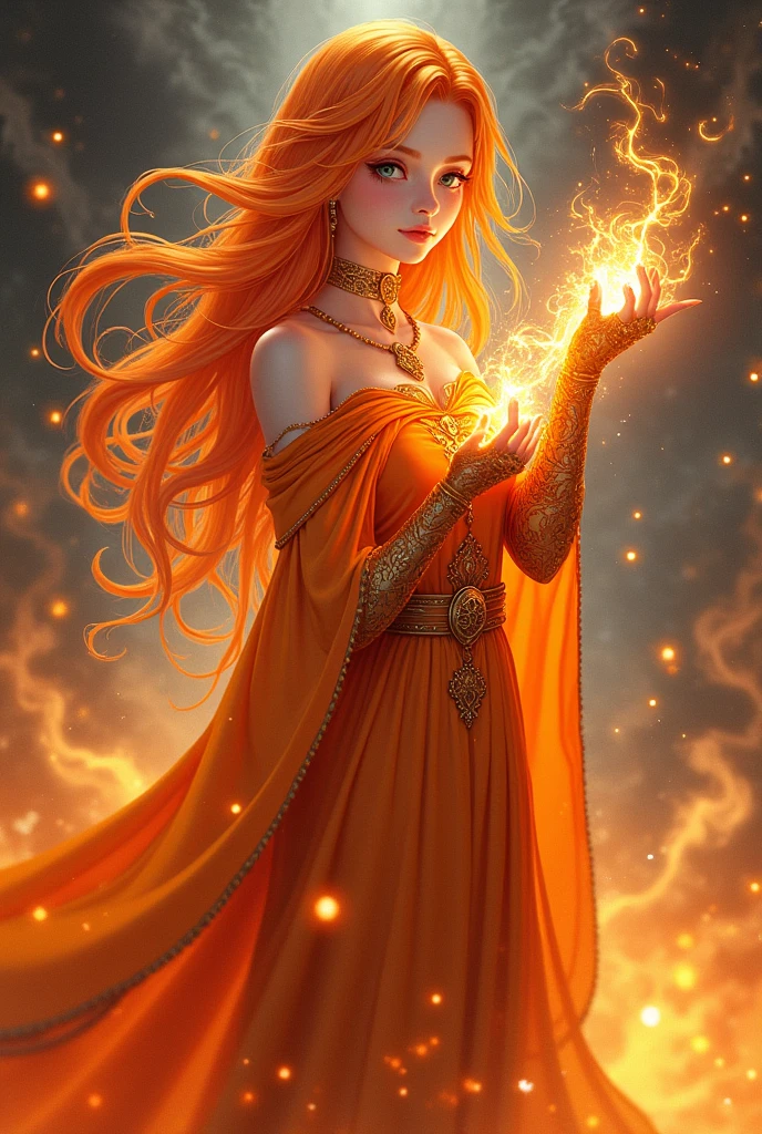 Anime style witch woman who has orange hair,wear orange cloak and oranges gloves,has orange,summon a magic power on her hands