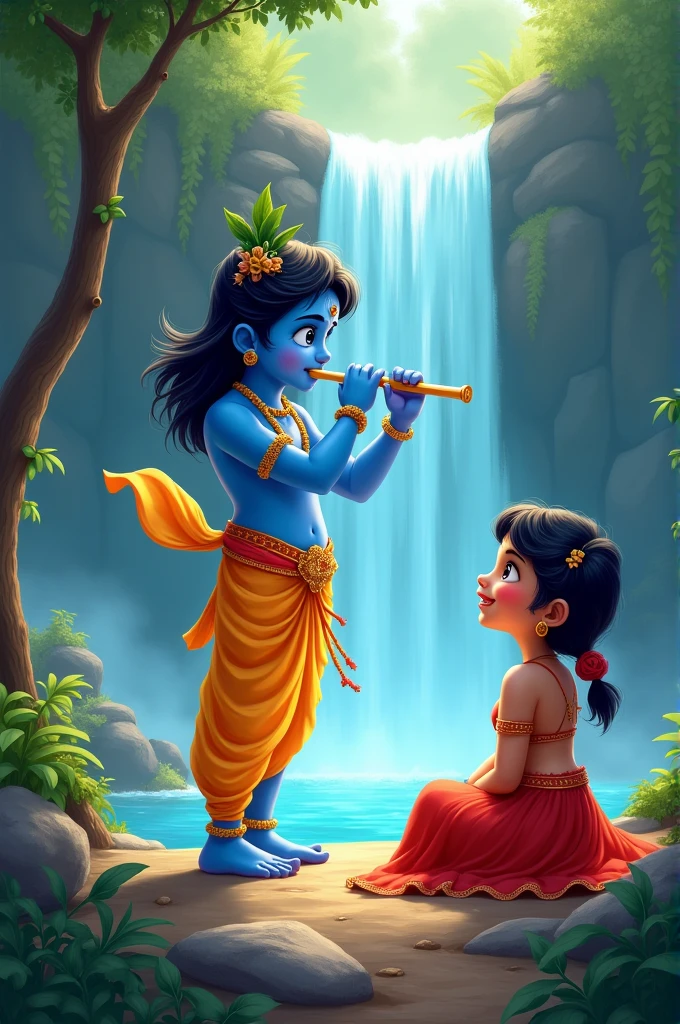 In a cartoon character a girl wearing red lehenga choli sitting near a waterfall and watching lord krishna playing a flute
