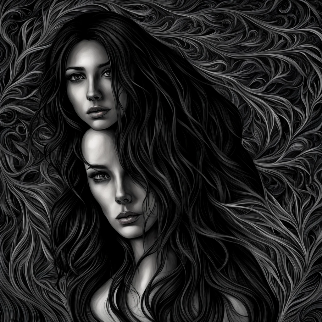 a beautiful woman with long flowing hair, a willow tree, intricate branches, nature and human form, dark pencil artwork, silhouette, harmonious contrast, high detail, photorealistic, cinematic lighting, dramatic composition, moody, atmospheric