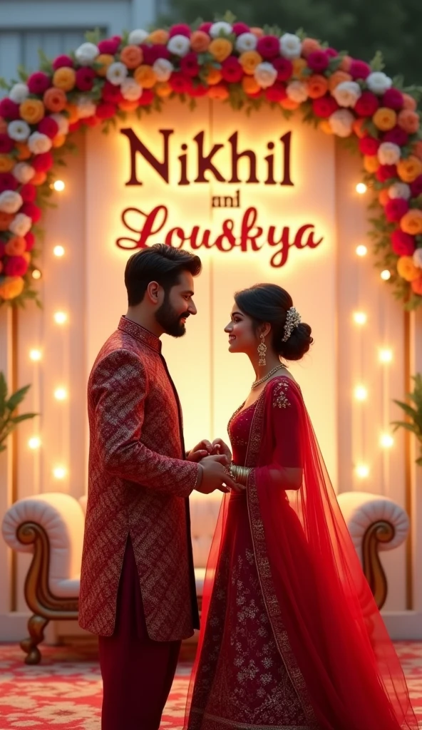 24 years old boy with medium beard and moustache and 21 years old girl standing on wedding stage and marking heart with their hands, eyes to eyes contact. A garland of flowers. Boy wearing red Sherwani, he is looking so cute,realistic. The girl wearing red Lehanga. The name "Nikhil and Loukya" bold write in big capital letter on white wall with lighting, Wedding lights, many flowers