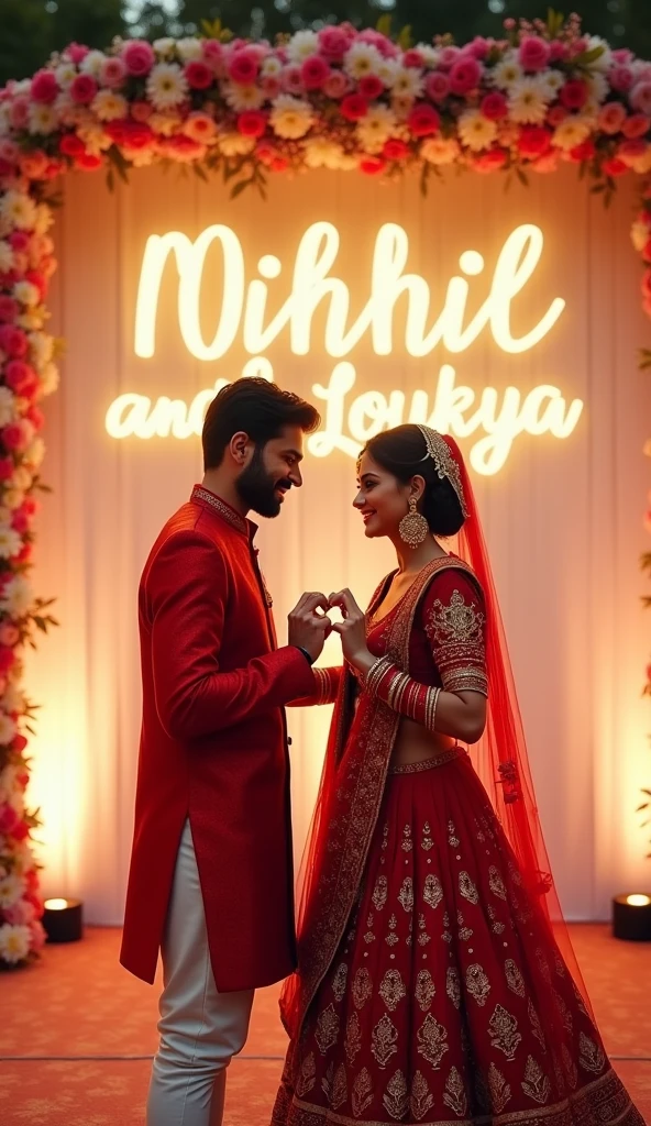 24 years old boy with medium beard and moustache and 21 years old girl standing on wedding stage and marking heart with their hands, eyes to eyes contact. A garland of flowers. Boy wearing red Sherwani, he is looking so cute,realistic. The girl wearing red Lehanga. The name "Nikhil and Loukya" bold write in big capital letter on white wall with lighting, Wedding lights, many flowers