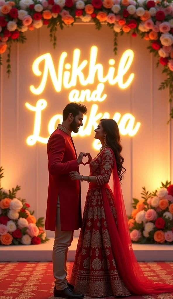 24 years old boy with medium beard and moustache and 21 years old girl standing on wedding stage and marking heart with their hands, eyes to eyes contact. A garland of flowers. Boy wearing red Sherwani, he is looking so cute,realistic. The girl wearing red Lehanga. The name "Nikhil and Loukya" bold write in big capital letter on white wall with lighting, Wedding lights, many flowers