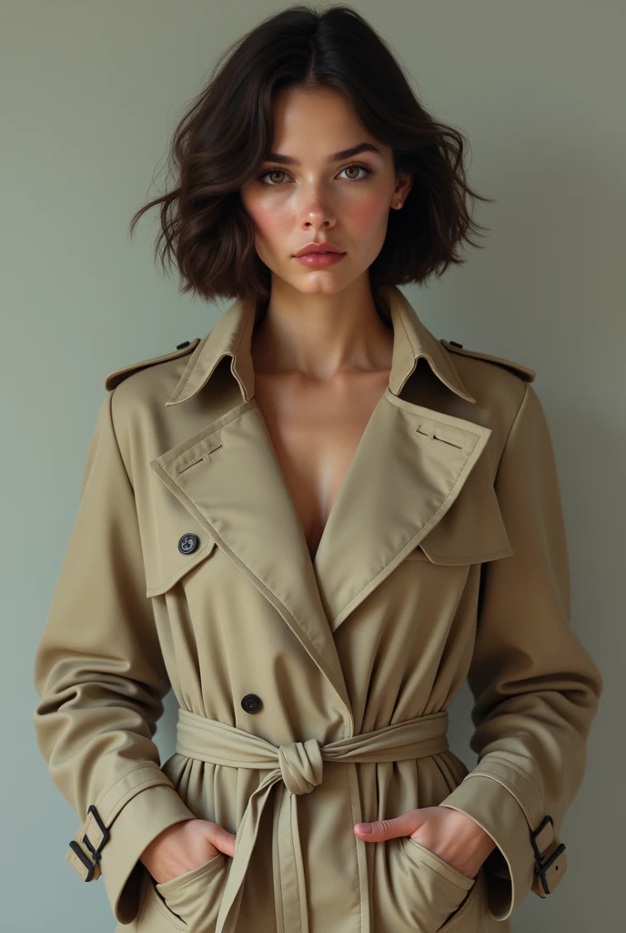 Woman 20 years Big with Brown Short hair in a beige Trenchcoat Hands on the Belt