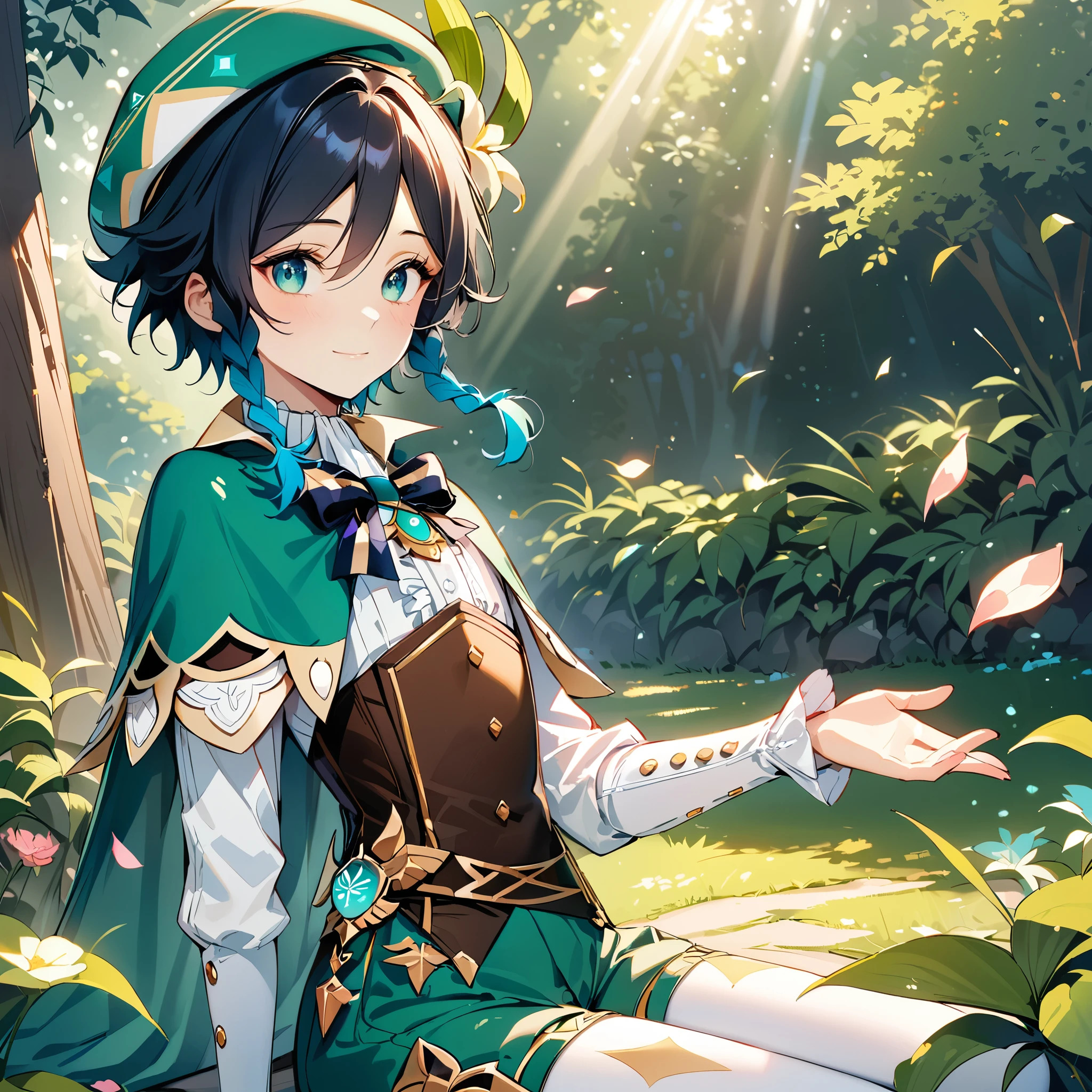 (best quality,4k,8k,highres,masterpiece:1.2),1boy,venti genshin impact,male focus,flat chest,ultra-detailed,realistic,dsmile,morning of spring,delicate light rays,rich color palette,elegant curves,effects of light and shadow,flower petals falling,springtime essence,ethereal atmosphere,peaceful garden background,morning dew,soft sunlight filtering through trees,lush plants,komorebi,vividly colored blossoms,transcendent beauty,awe-inspiring artwork,white long-sleeved shirt, brown corset,green shorts, white tights,green cape,hat,brooch,green eyes,flirty smile,cinematic lighting, ray tracing, UHD, high details, high quality, award winning, super detail, genshin splash art