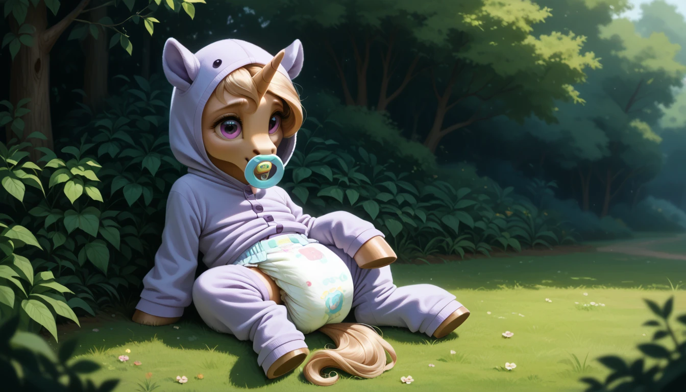 pony, light caramel unicorn, adult filly, plum eyes, lush mane braided, bushy tail, sitting outside, dressed in an onesie and booties, pacifier in mouth, solo, thick diaper under clothes, bulge on the back of the diaper, between the hind hooves and on the front of the diaper, sagging diaper.