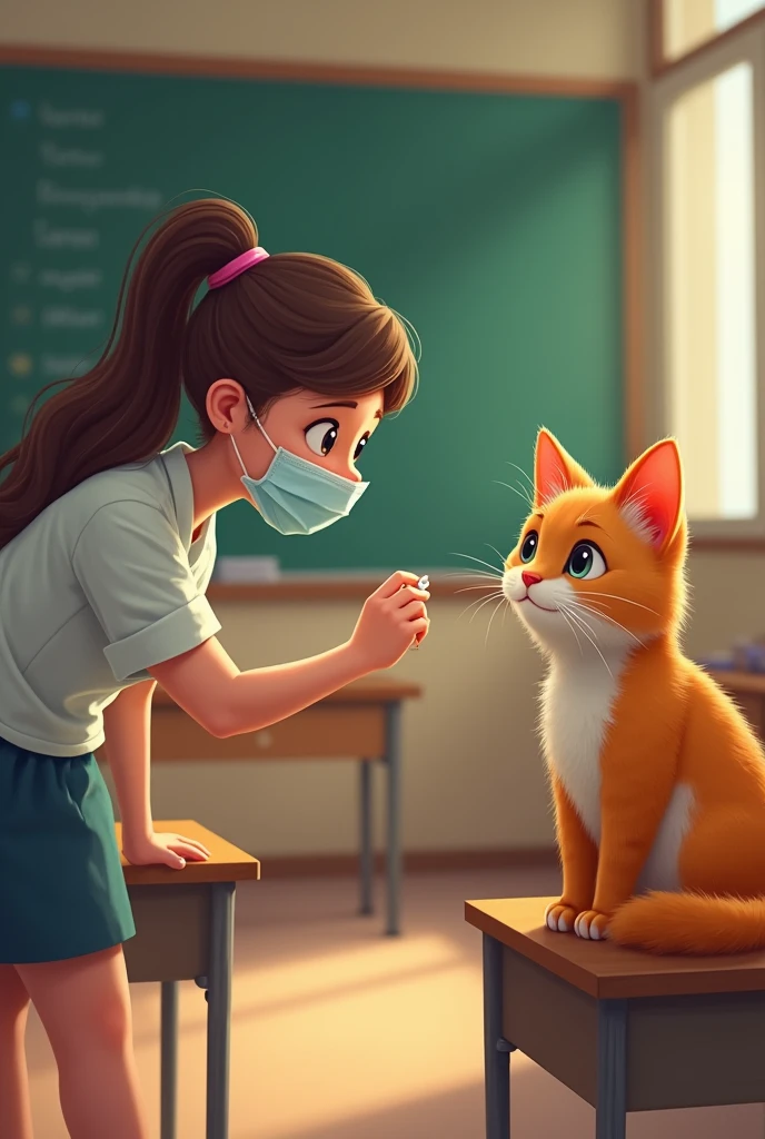Teacher give price to the cat in class for taking good mask sheet in class