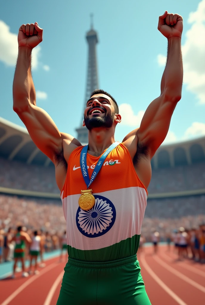 A beautiful man throwing javelin with wearing indian tricolor, celebrating with medal in Paris Olympics,too many people sitting in ground