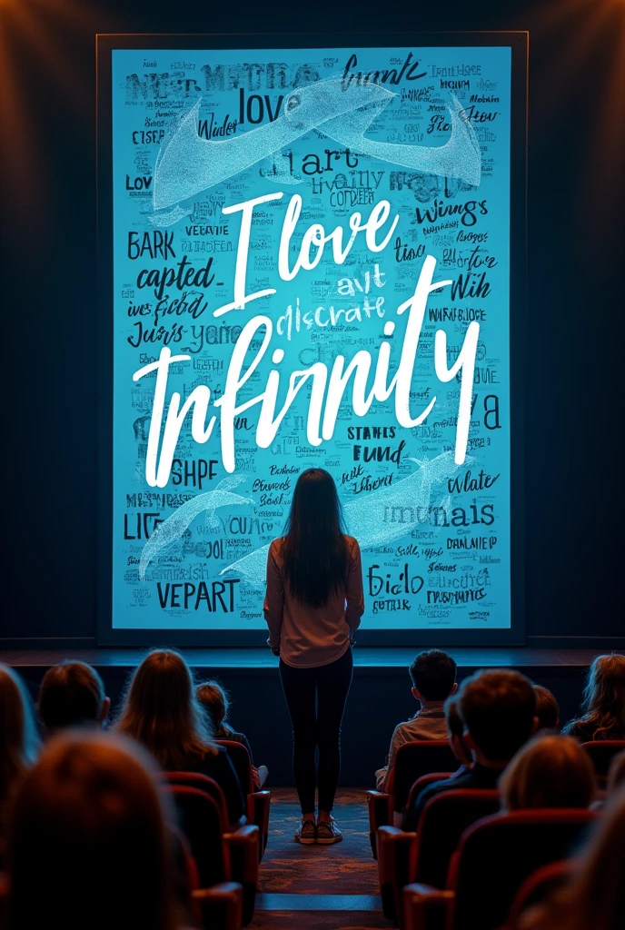 masterpiece, Highest image quality, photo realistic, Raw photo, full body photo, (look at the viewer, front view), (in the theater, girl is presenting the big Typography poster to people, girl stand in front of the typography poster, many people look at the girl, many word and design on typography poster, typography poster with text "I Love Seaart Infinity")