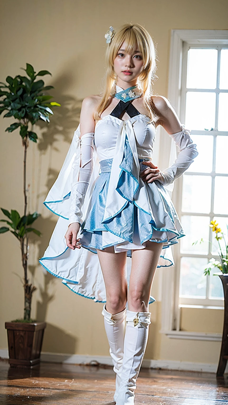 (8k、RAW Photos、Highest quality、masterpiece:1.2)、(Realistic、Realistic)、1 girl、((Blonde、See-through、White and light blue、Frills、Cape、mini skirt、Thin legs、whole body、boots、View from the front、Looking into the camera、Stand with hands on hips))、cute