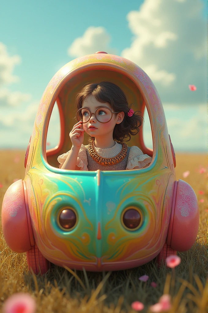 A girl with a monocle, by the wide, in a car made of rainbows