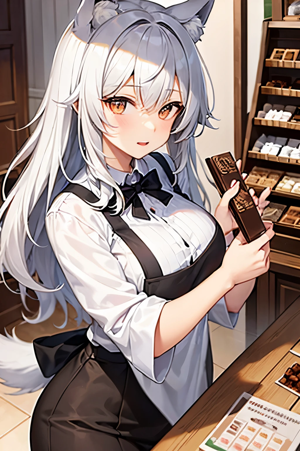 Wolf-haired girl working at a chocolate shop