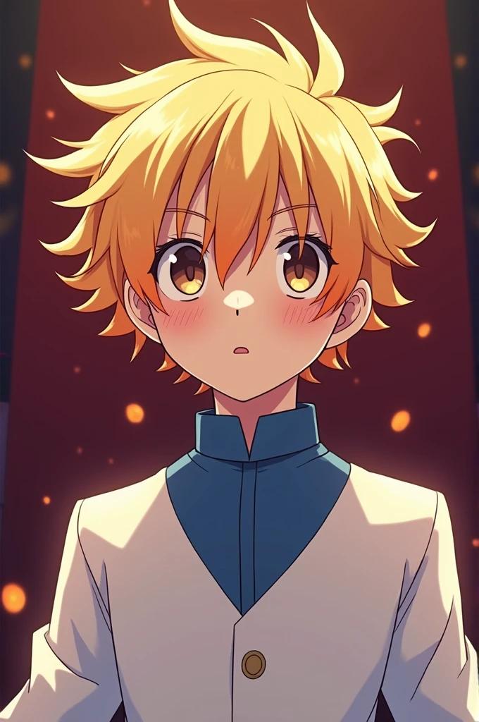 I drew a high school boy who was doing a play, with blonde hair.、She's wearing a white outfit with a blue collar, and her hair is sticking out.、The bangs are separated into three sections.々Please make the face look like this. The hair will have an orange gradation towards the end.