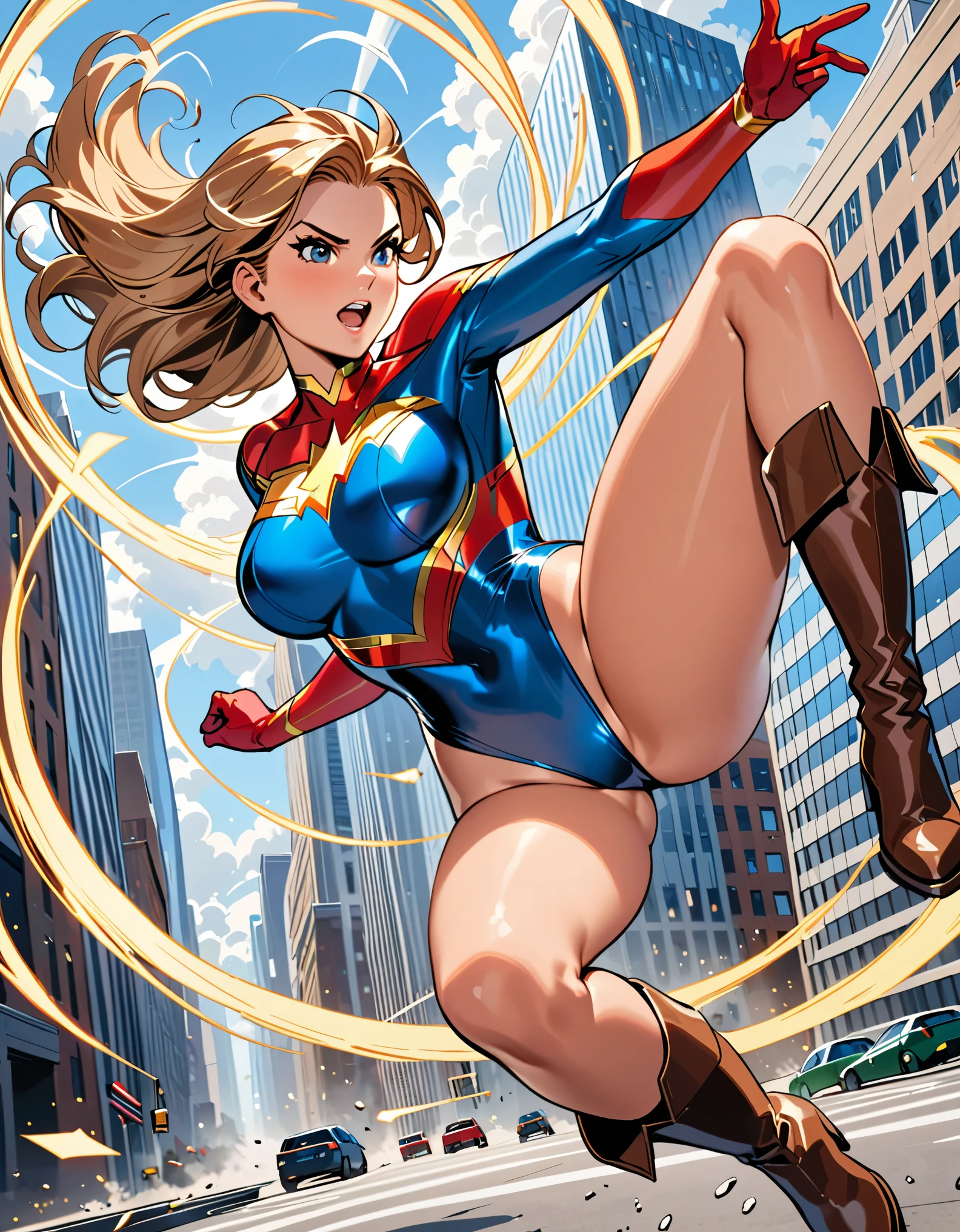 (masterpiece), (best quality), (highres), a female superhero spins in place into a whirlwind. Leotard, bare legs. Boots.