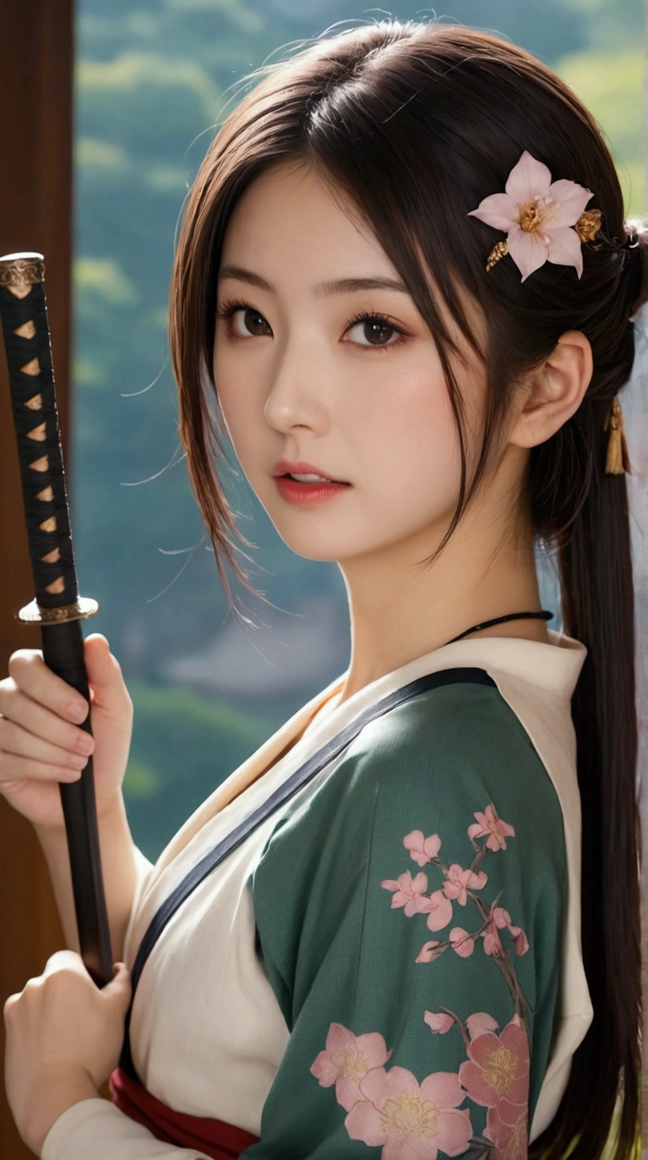(Japanese sword &reference;Muramasa 2&reference;.2)Beautiful 27 year old woman、Japanese women、Tie your hair back、Hair ornament artist、Shinobi Costume、Warrior、Clear Eyes、{Arm tattoo(SakuraFubuki}'Tattoo on the back、Warrior、(Japanese swordを両手で構える、1.3)(Japanese sword1.2)Intermediate position、whole body、A long-edged sword、Realistic battle scenes、敵Warriorの返りBlood、Blood、High resolution、Highest quality、Very detailed、8k、background、The castle is burning、Sparks fly、