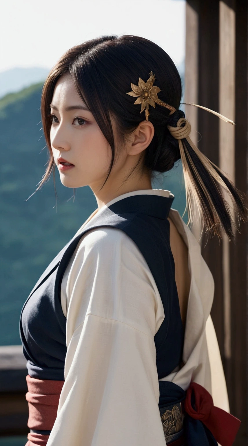 (Japanese sword &reference;Muramasa 2&reference;.2)Beautiful 27 year old woman、Japanese women、Tie your hair back、Hair ornament artist、Shinobi Costume、Warrior、Clear Eyes、{Arm tattoo(SakuraFubuki}&#39;Tattoo on the back、Warrior、(Japanese swordを両手で構える、1.3)(Japanese sword1.2)Intermediate position、whole body、A long-edged sword、Realistic battle scenes、敵Warriorの返りBlood、Blood、High resolution、Highest quality、Very detailed、8k、background、The castle is burning、Sparks fly、