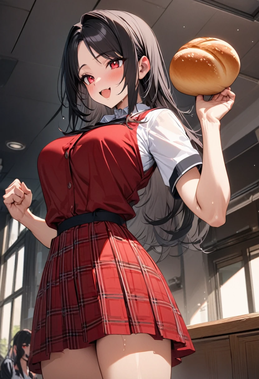 (happy eating style), (Fist pump, hand holding the Delicious baked round bread, There's cream inside), (happy eating to round bread) (solo:2, 18 yo) (beautiful detailed middle part bangs) (beautiful black hair long hair) (beautiful sexy sadist girl) (best cool red eyes) (best happy smile, glossy lip, wide open mouth) (big tits), in a summer Elegant red school shirt, detailed Check pattern skirt, standing, break, in the beautiful master detailed School cafeteria, BREAK, perfect anatomy, masterpiece, best quality, 16k, beautiful detailed grow, daydreaming expression.