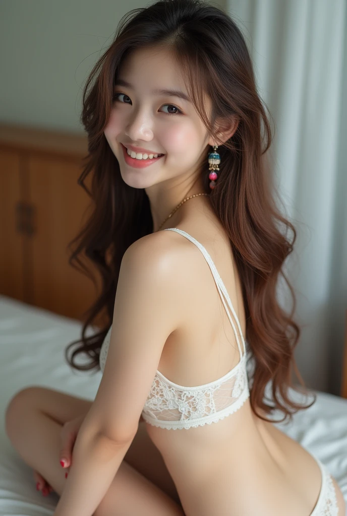 best quality,8k, Detailed facial depictions, Detailed eye description, Brown hair(long wavyhair),beautiful korean girl, 21 years old, Transparent lace underwear, bare-breasted, slim body, medium chest size, Sitting with your legs apart, Smiling face, Colorful earrings, necklace, NFSW