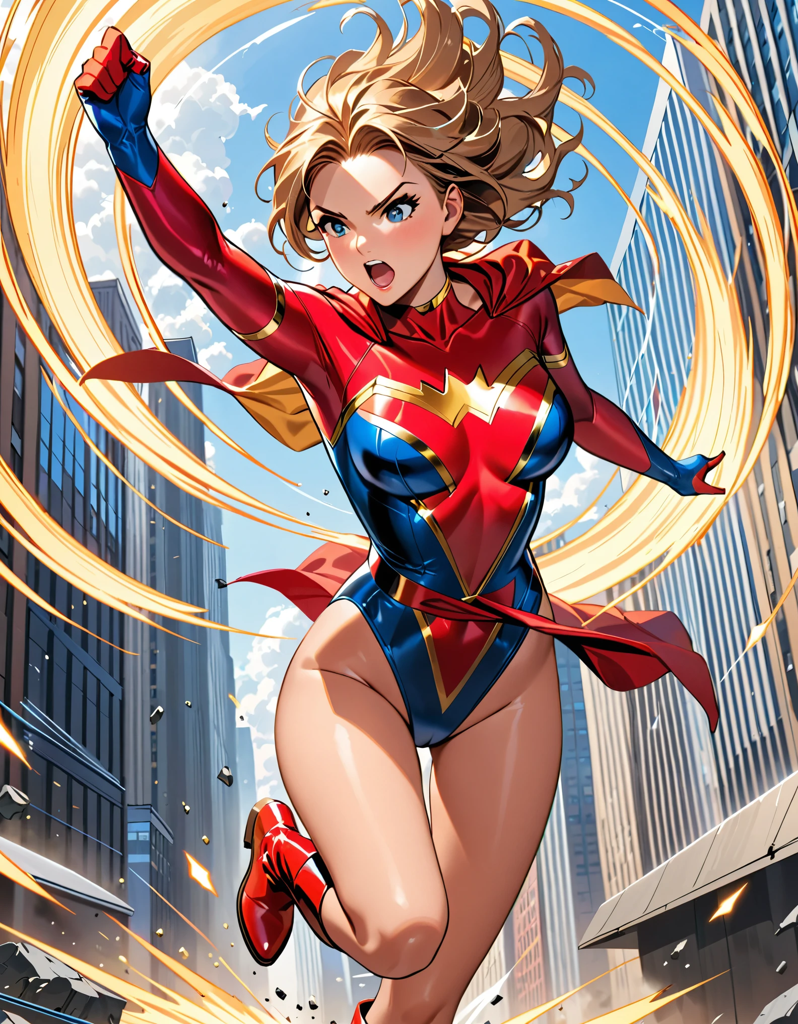 (masterpiece), (best quality), (highres), a female superhero spins in place into a whirlwind. Leotard, bare legs. Boots.