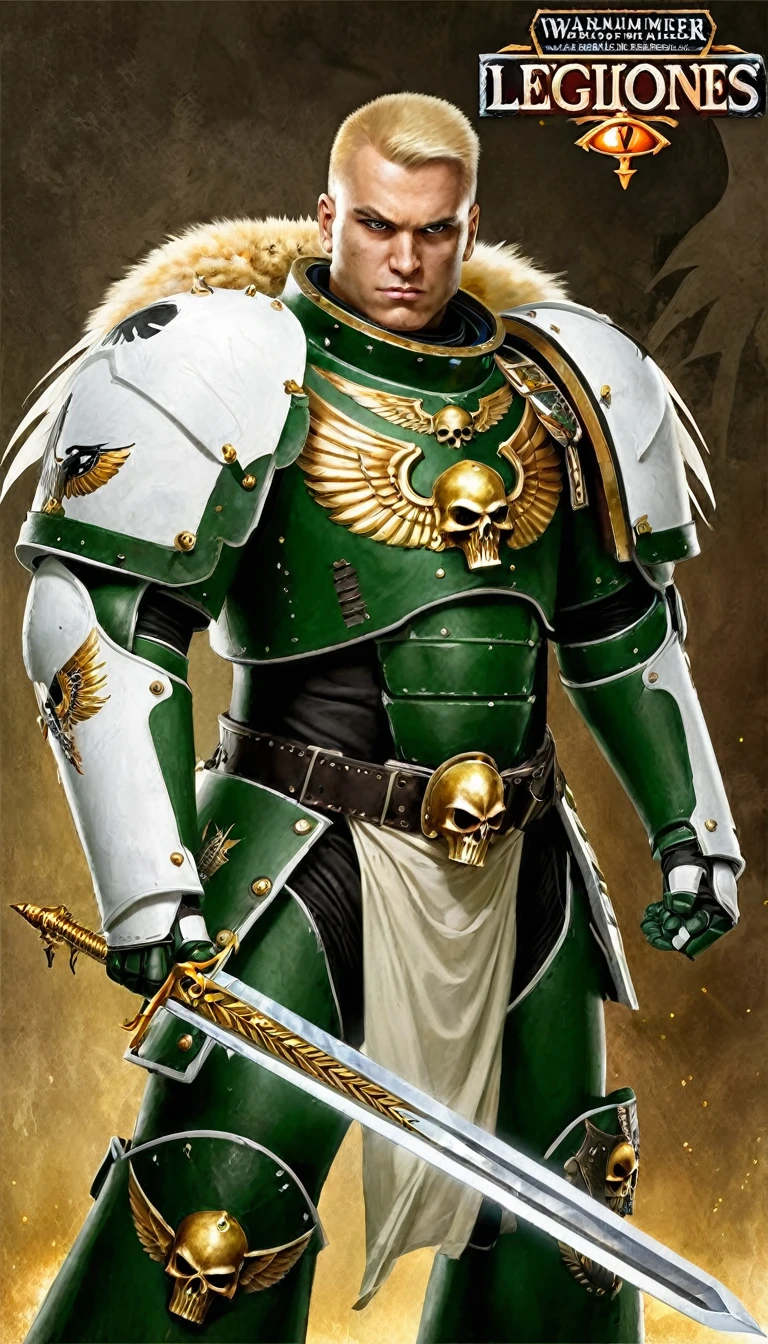  [Portrait, dynamic standing: 2,2]. a close up of a man with a sword ((space marine portrait:1,1)),((artistic portrait:2,2)), artwork Warhammer 40k art, space marine, Warhammer art, Warhammer 4 0k fantasy, wearing dark green armor, ((young:2,2) ), vegetal decoration on the lower part of the ((white left shoulder pad:2,2)), ((a white forearm:1,2)) with decoration of Golden eagle wing, white forearm, belt with golden skull in the center, ((curved silhouette:2,2)). strong armor, ((detailed face:2,2)) ((short blonde hair:1,1)), ((war background : 1,2)) ((golden and metallic cheribs on his back:2,3)) ((Featured like an demon:1,2)), (black and white:3), ( fighting orc:2,4)