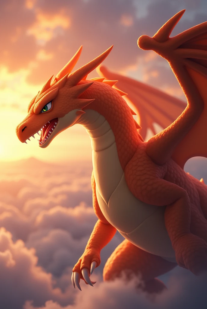 Close-up of Pokemon Charizard, which flies through the sky at dusk
