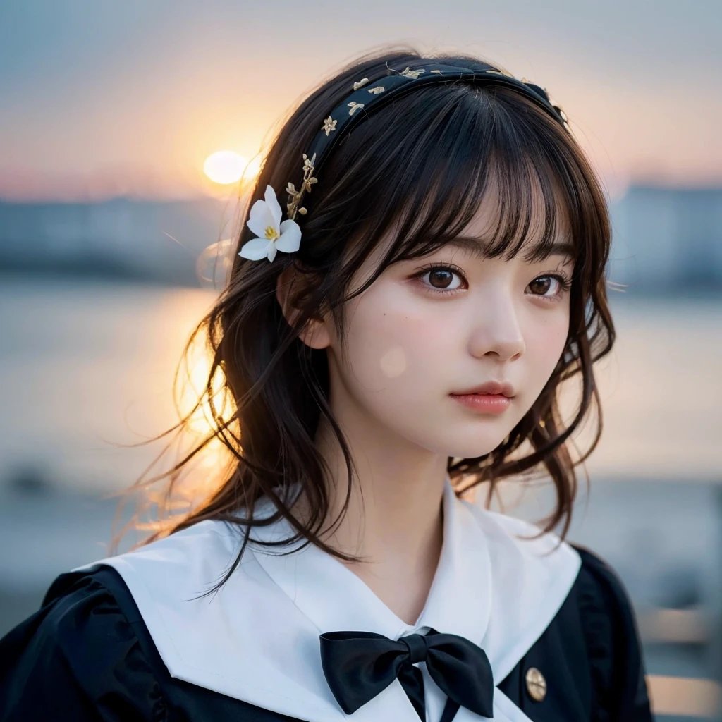 (Highest quality,masterpiece:1.3,Ultra-high resolution),(Very detailed,Caustics,8k),(Realistic:1.4,RAW shooting),Super detailed, Ultra-high resolution,Ultra high definition 8K,Highest quality,Very detailedな,masterpiece,Realistic,Rich details,Photographic realism,18-year-old,日本語 cute日本の女の子,,A little sad look，Looking at the camera, Good figure,Rembrandt Lighting, (photoRealistic:1.2), (Highest quality), (Detailed skin:1.3), (Intricate details), Ray Tracing,One girl, In detail,real，Scattered beneath the surface,(blush:0.5), Detailed skin texture, Black Hair, Long Hair,Cat ears headband， (Wavy Hair:1.2), (Blunt bangs:1.2), Detailed lips，Beautiful Lips, Detailed face、cute, Black Sailor Suit,(Face Focus:1.1),(Face close-up:1.1),Front of face，Sunset