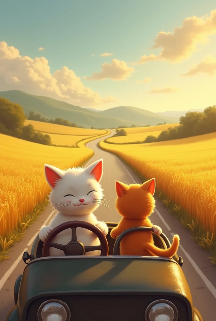 Mother cat Mimi and kitten Milo are driving together on a country road., with golden rice fields spreading out
