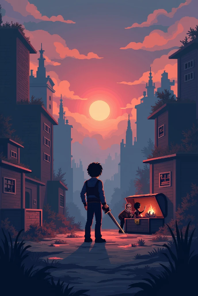 Pixel art style post-apocalyptic survival scene, 1:1 aspect ratio. In the center, a person holding a gun, and beside them, another person opening a chest and pulling out a diamond sword. The style is reminiscent of Minecraft, featuring pixelated buildings and environment elements, with a somber, desolate color palette to emphasize the end-of-world atmosphere. At the top of the image, add pixel art style text: 'Redemption Road Reborn'