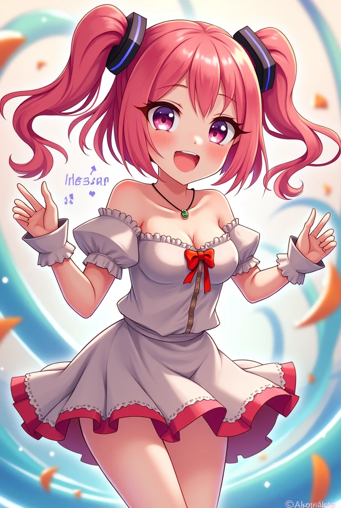 yotsubanakano, Nakano Yotsuba, bangs, short hair, blue eyes, hair between eyes, hair ribbon, hair band, orange hair, green ribbon, Best smile, low person, green bow, green ribbon, (idol costume:1.3), (frills:1.1), Upper body, stage background, highest quality, High resolution, unity 8k wallpaper, (shape:0.8), (beautiful and detailed eyes:1.3), highly detailed face, perfect lighting, Detailed CG, (perfect hands, perfect anatomy), smile,I have a microphone, (Song:1.3), (dance:1.3),1 girl panty shot,skirt lift,pink panty,